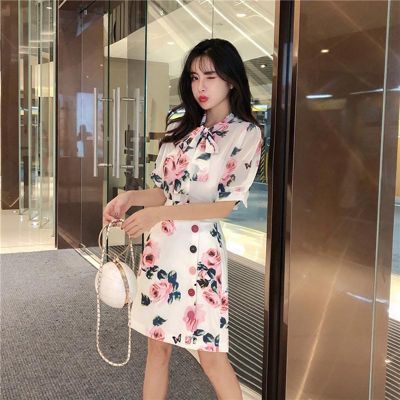 Two Piece Dress Arrival Women Flower Printing Bow Tie Top Elegant T-shirt + Fashion Button Vintage Silm Skirts 2 Clothing Set Suits