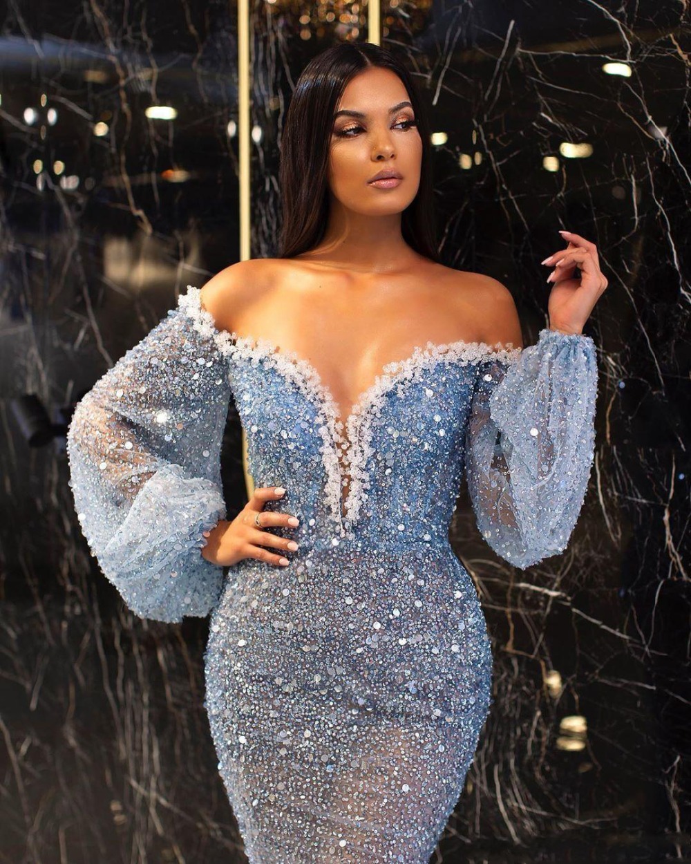 Sparkly Mermaid Arabic Aso Ebi Prom Dresses Sequined Evening Dress Custom Made Long Sleeves Off Shoulder Floor Length Celebrity Party Gown
