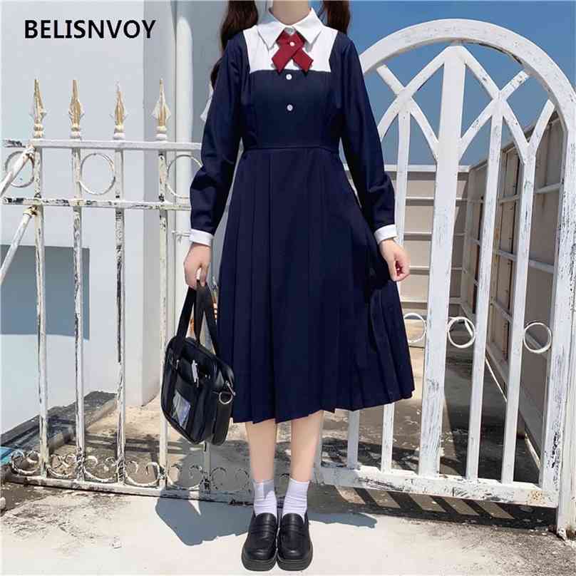 Spring Autumn Women Midi Dress Japanese College Style Turn-Down Collar Bowtie Pleated Cute Kawaii Girl's JK Uniform 210520, Navy blue 
Spring Autumn Women Midi Dress Japanese College Style Turn-Down Collar Bowtie Pleated Cute Kawaii Girl's JK Uniform 210520, Navy blue