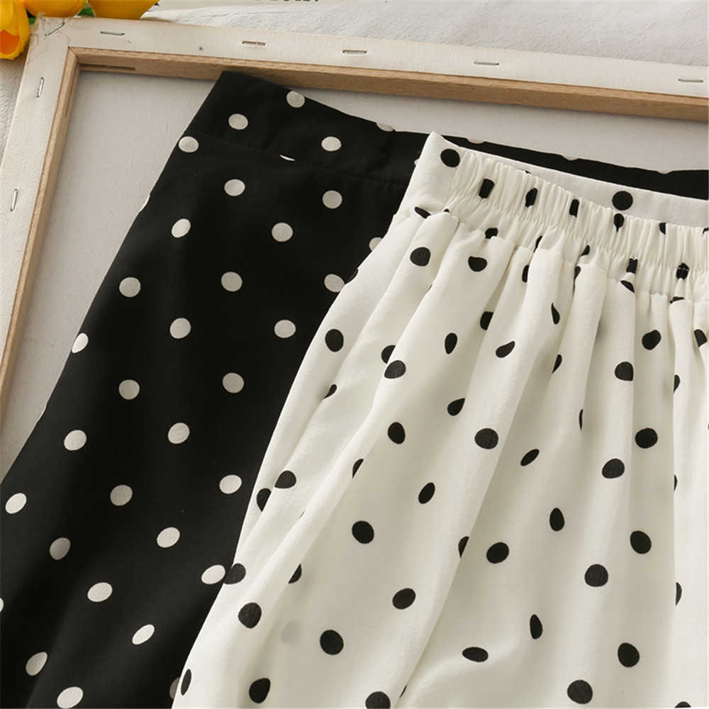 Summer Casual Chiffon Print Dot-print Skirt Female High Waist Midi A-line Skirt Womens Black White Red Long Skirts Streetwear 210619