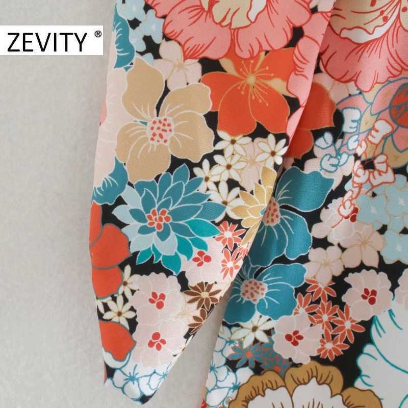 Zevity Women Sexy Deep V Neck Knotted Floral Print Casual Slim Midi Dress Female Pleats Long Sleeve Split Party Vestido DS4634 210603