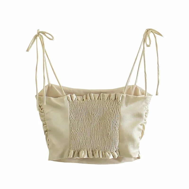 Summer Women Solid Satin Pleating Short Suspender Blouse Casual Female Sleeveless Slim Crop Tops T1519 210430