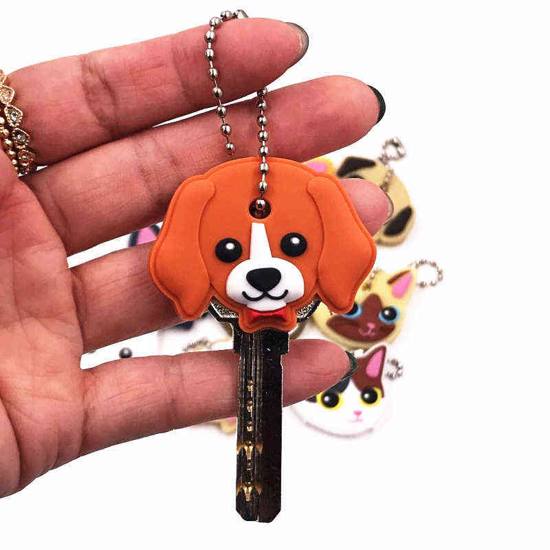 Mix 40Pcs Animals Dog Cat Key Cover Cute Anime Silicone KeyChains Women Funny Animal Key Holder Caps Key Chain Children Gift H1126