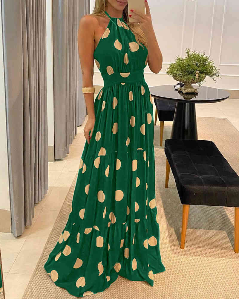 Spring Summer Women Halter Dot Print Maxi Dress New Femme Bohemian Backless Beach Wearing Lady Casual Sleeveless Outfit 210415