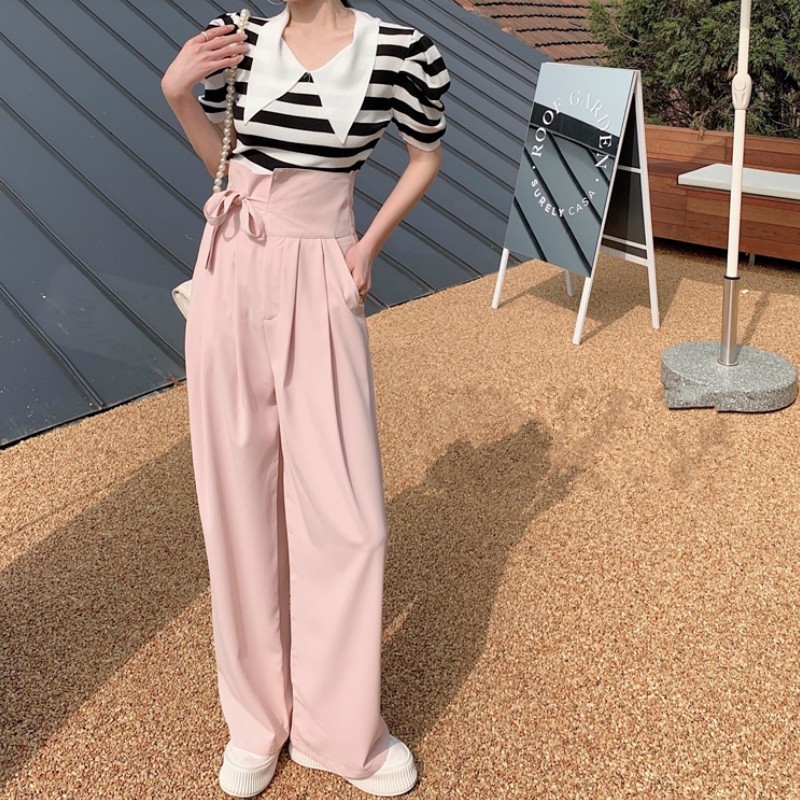 High Quality Summer 2 Piece Set Elegant Stripe Peter Pan Collar Puff Sleeve T-Shirt And Waist Wide leg pants Suit Female 210519