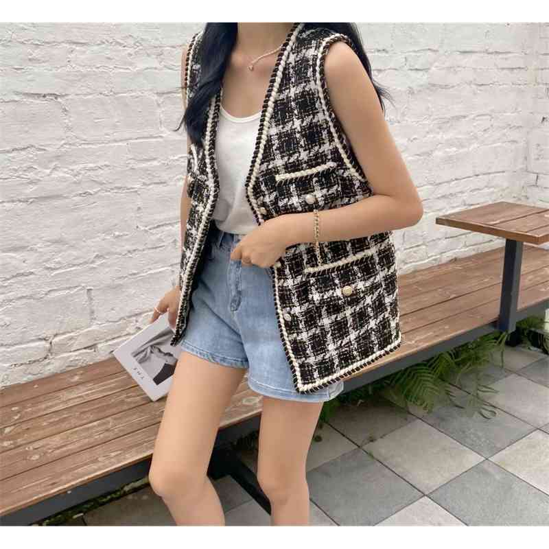 Women's Fashion Elegant Tweed Woolen Vest Ladies Korea Chic Style Buttons Pockets Casual Plaid Coat For Women 210520