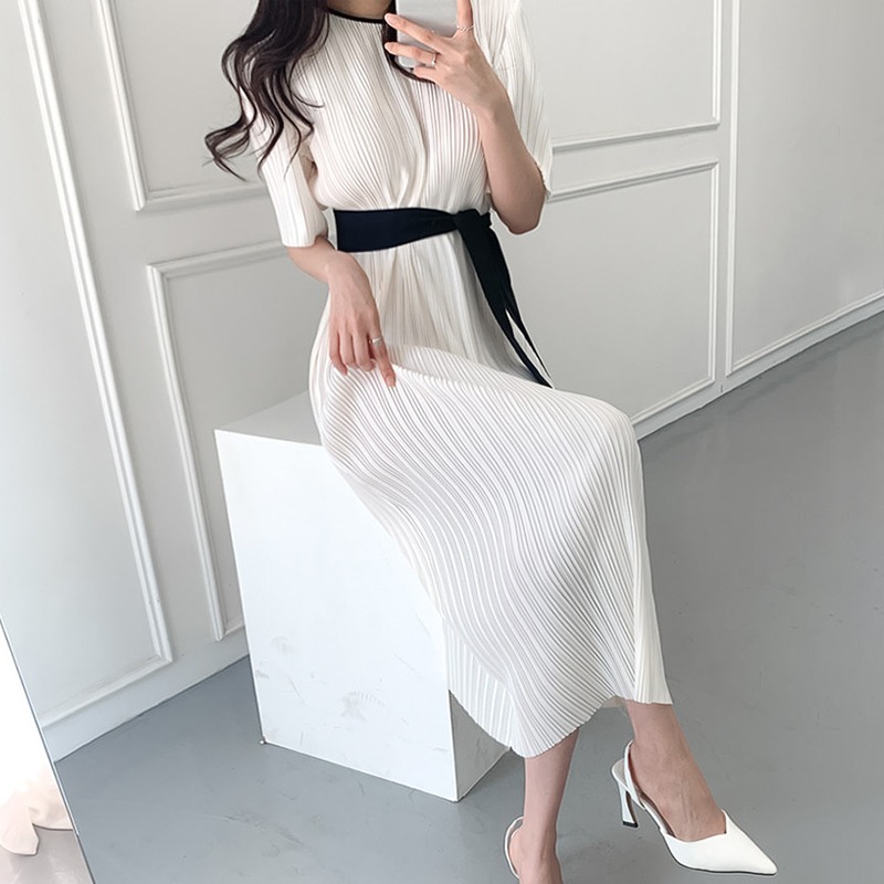 Korean Chic Women Dress Office Ladies Casual Pleated Short Sleeve Dresses Bandage Lacing Bow OL Vestidos Femme Elegante 210506