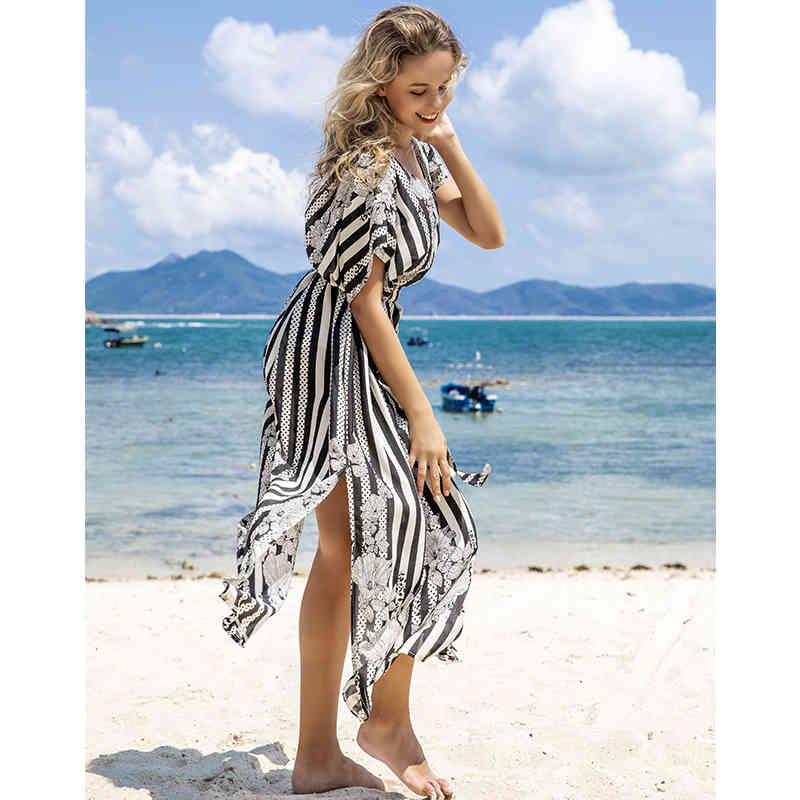 Sexy Bikini Cover-ups Cotton Tunic Casual Striped Summer Beach Dress Elegant Women Plus Size Wear Swim Suit Cover Up Q1117 210420