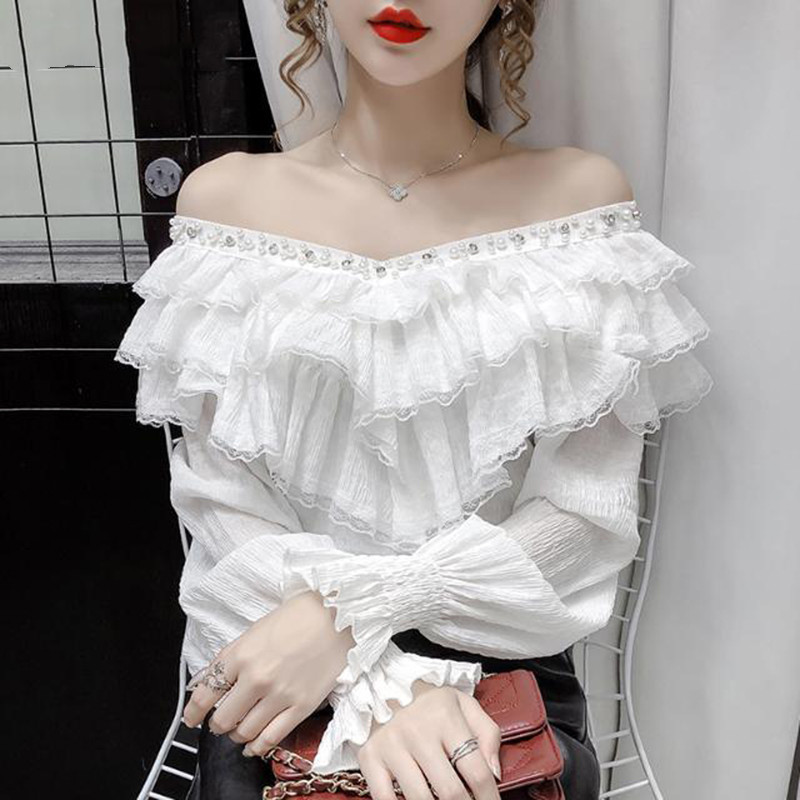Wonder Spring Fall Korean Style Blouse Sexy Beading Patchwork Lace Ruffles Tops Ropa Mujer Flare Sleeve Shirts 210510