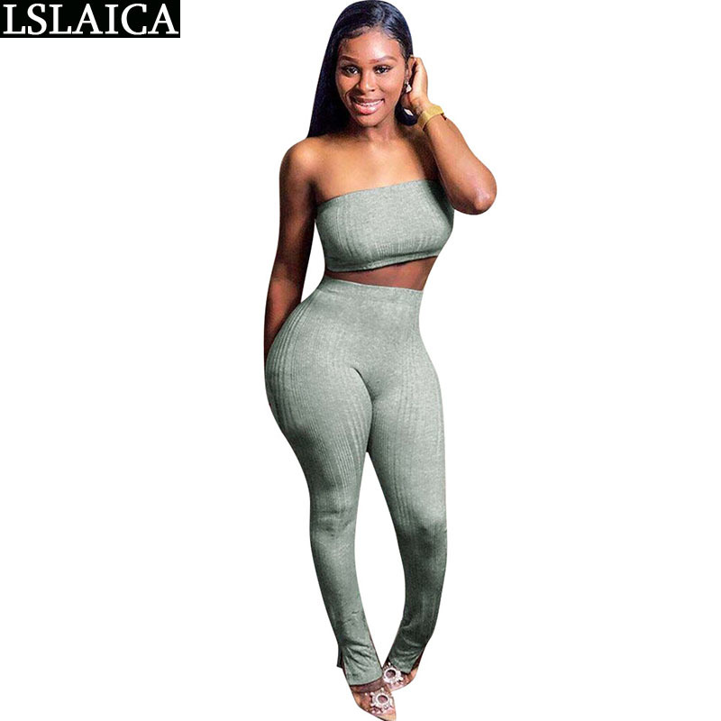 Sunmmer Solid Two Piece Set Women Off Shoulder Tops& Skinny Pants Suit Ladies Sexy Leisure Sportswear Lounge Wear 210520