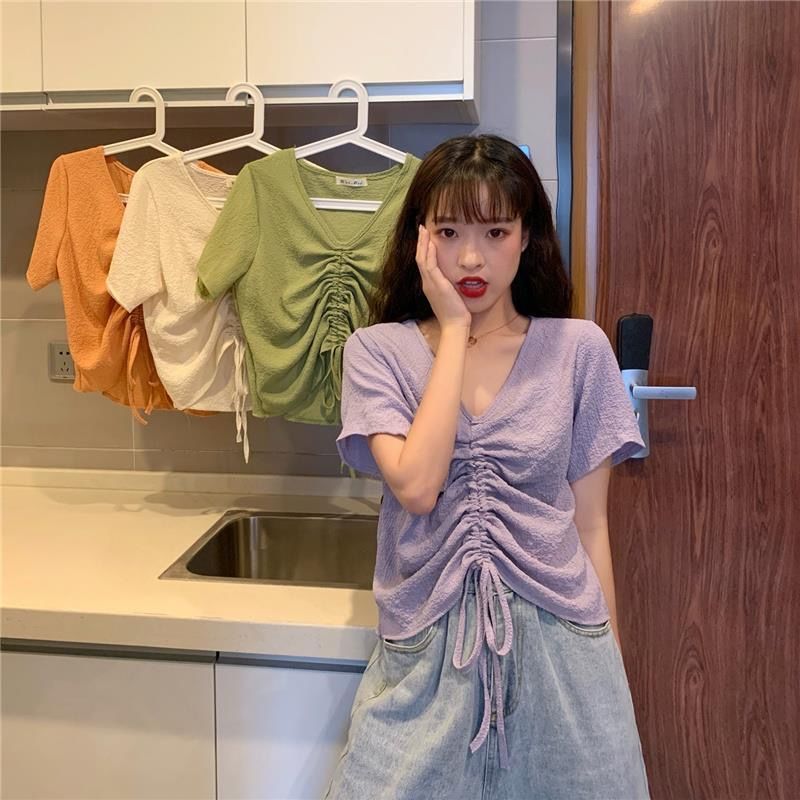 Wonder loose short paragraph ride short-sleeved T-shirt female summer drawstring fold plus size tops 210510