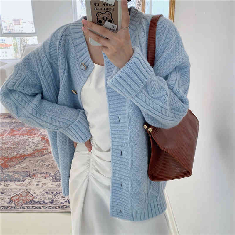 Twisted Knitted Women Cardigan Tops Single-breasted O-neck Full Sleeve Sweater Casual Fashion Korean Female Jumpers Cardigans 210513