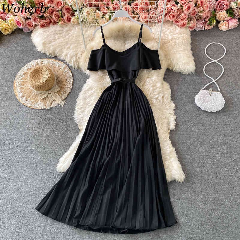 Summer Dress Party Beach Style Off Shoulder Vestidos Elegant Robe Sexy Vinatge Spaghetti Strap Pleated Dresses Women 210519