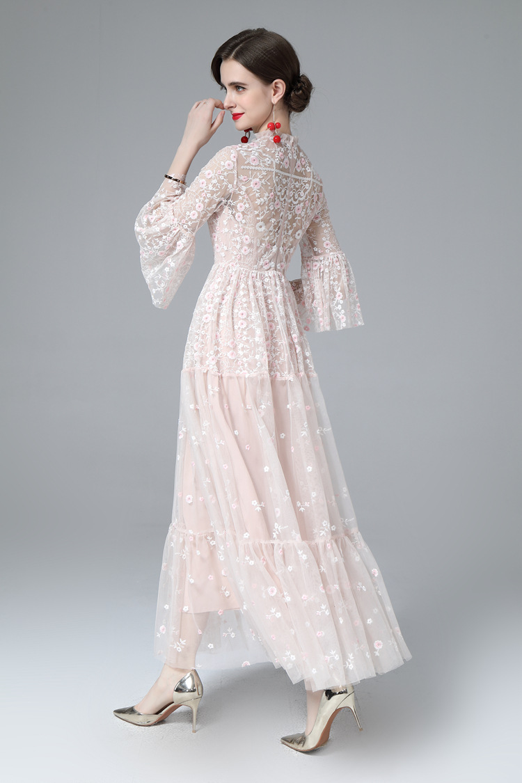 Women's Runway Dress O Neck Flare Sleeves Embroidery Elegant Fashion Party Prom Gown