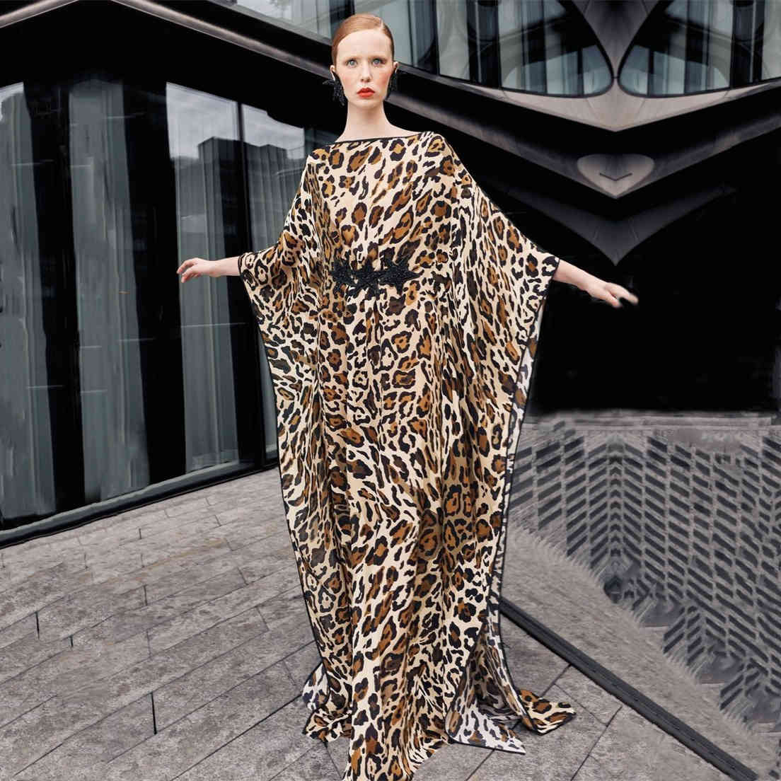 Elegant Leopard Bikini Cover-ups Glamorous O-neck Belted Summer Dress Plus Size Women Beach Wear Swim Suit Cover Up Q1248 210420