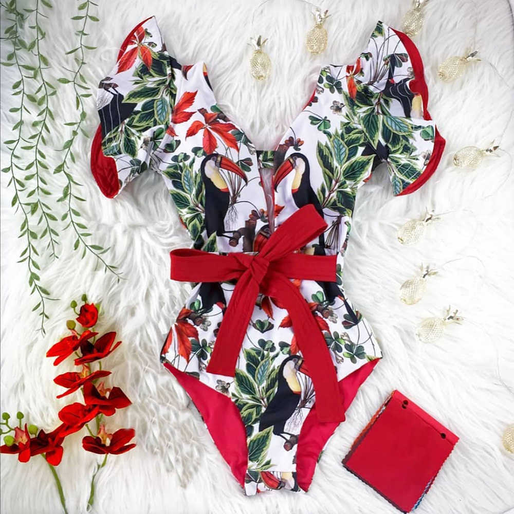 Sexy Ruffle Print Floral Swimsuit Off The Shoulder Swimwear Women Solid Deep-V Beachwear Bathing Suit Monkini 210702