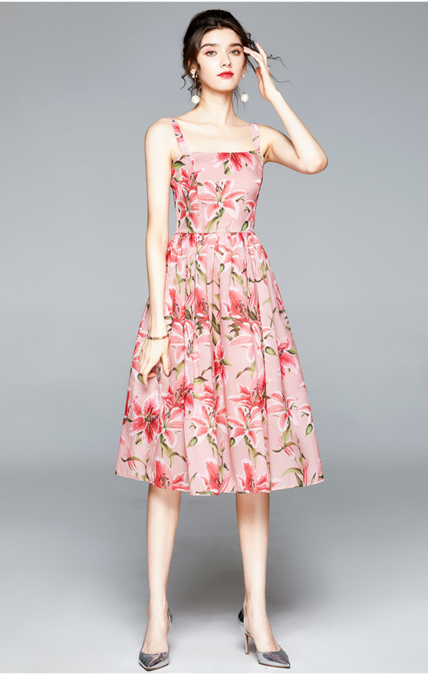 summer sundress for women vintage sweet young pink lily flower printed spaghetti strap A-line party beach dress plus size 210421