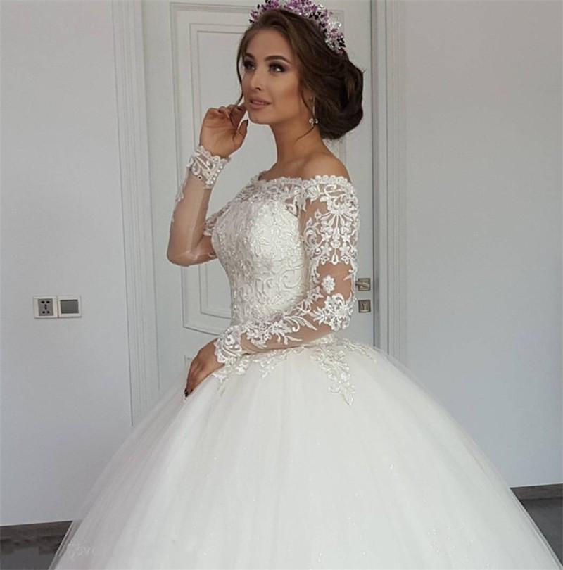2021 Luxury Lace Ball Gown Wedding Dresses Off Shoulder Long Sleeve Sweep Train Bridal Gowns Applique Plus Size African Abiti Da Sposa