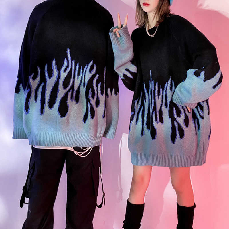 Autumn and winter flame print sweater men women couple coat loose knit round neck top comfortable pullover 211011Z