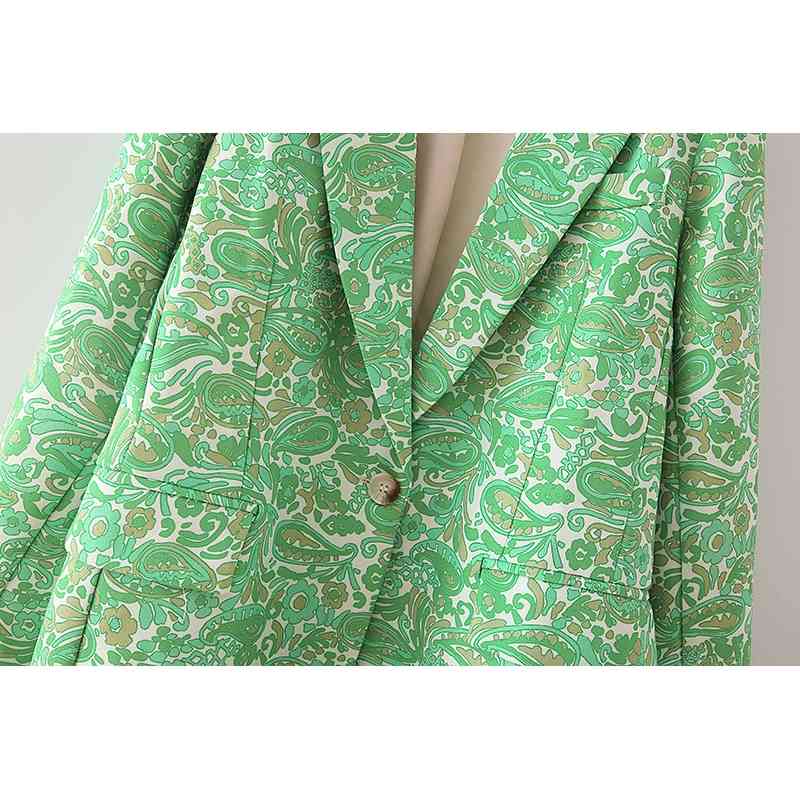 fashion girl floral print blazer office ladies pocket jackets casual female full sleeve suits green women chic sets 210430