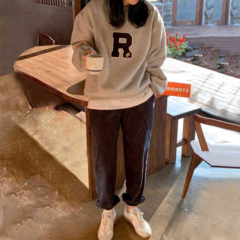 Nomikuma Fleece Pullover Sweatshirt Causal Korean Letter Applique Top Jumper Autumn Winter Long Sleeve Women Hoodies 6D453 210427