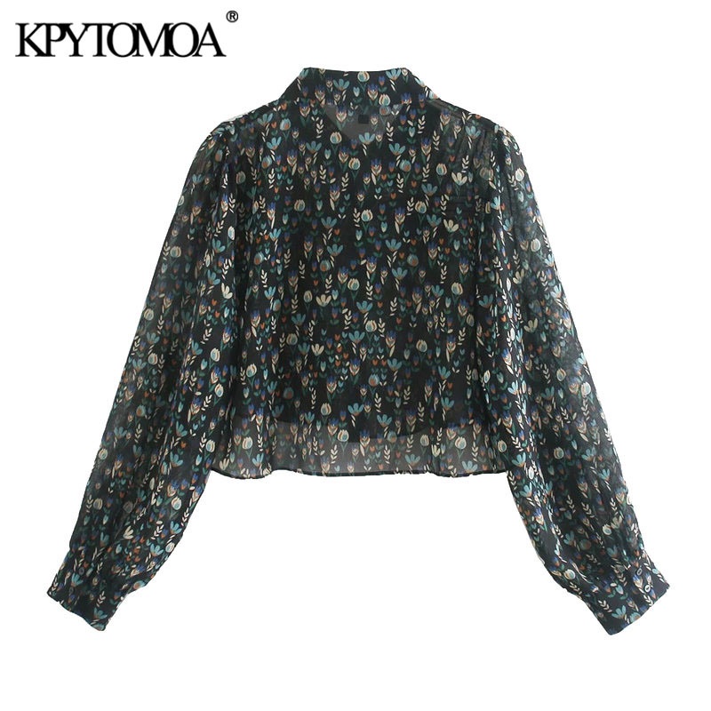 Women Fashion Smocked Floral Print Cropped Blouses Long Sleeve Button-up Female Shirts Blusas Chic Tops 210420