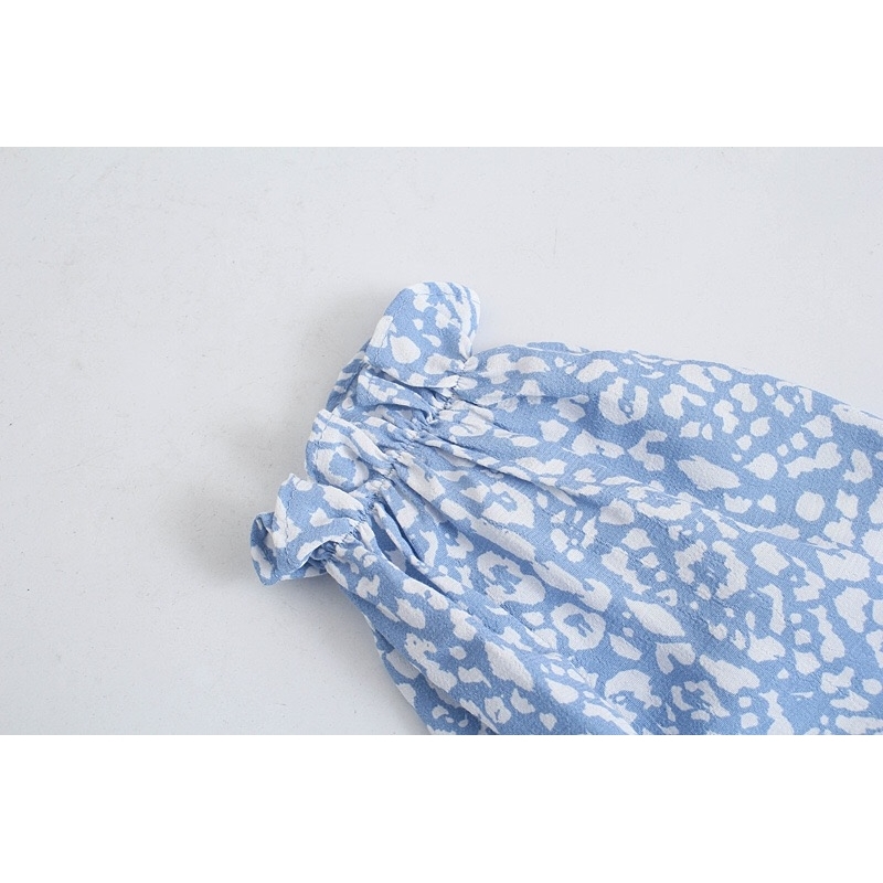 Retro Blue White Leopard Print Women Dress Elegant Deep V neck Spliced Wood ears Ruffles Long sleeve Mini Dresses Holiday 210429