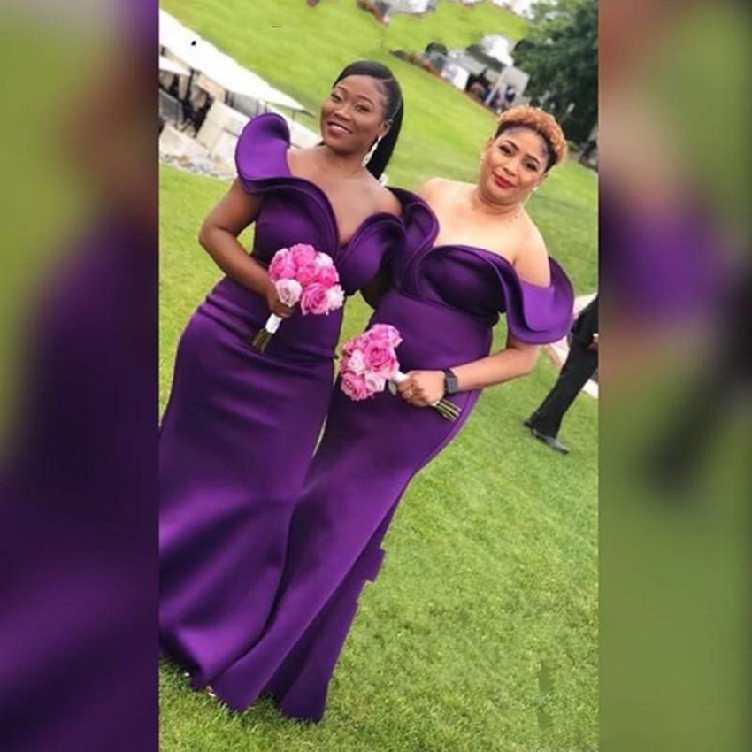 Regent Purple Dresses For Wedding 2021 Spring Summer Off Shoulder Satin Plus Size Maid Of Honor Gowns African Bridesmaid Dress 0509