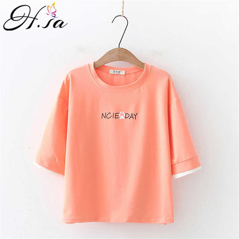 Hsa Basic Cotton T Shirt Women Summer Loose Cartoon Cats Printed Tees Casual Loose Tshirt Korean O Neck Female Tops 210716