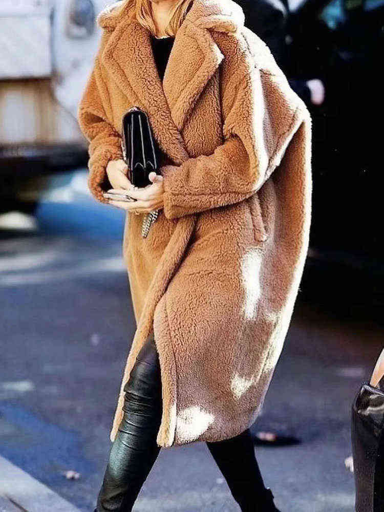 Autumn Winter Women Fashion Chic Purple Teddy Coat Female Buttons Pockets Lapel Collar Warm Outerwear Girls Casual Streetwear 211105