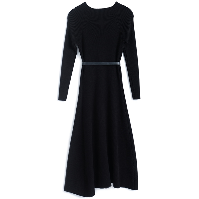 Spring Fall Fashion Elegant Knitted Patchwork Gradient Color Pleated Midi Dress Female Long Sleeve Slim Casual 210519