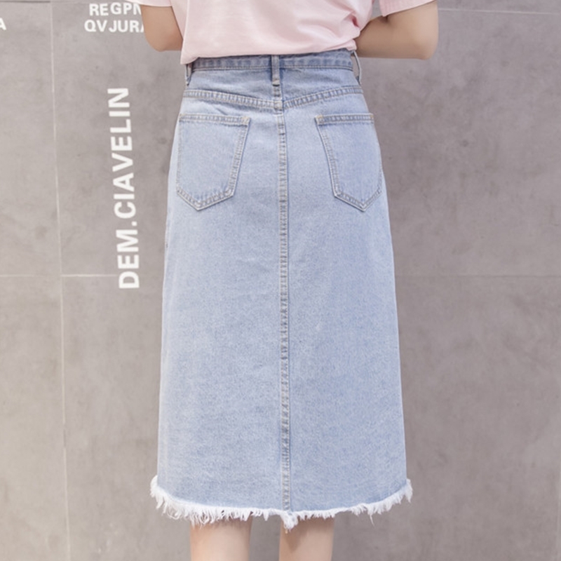 Flectit Button Front Midi Denim for Women Casual High Waist Fray Hem with Pocket Knee Length Jeans Skirt Female * 210408