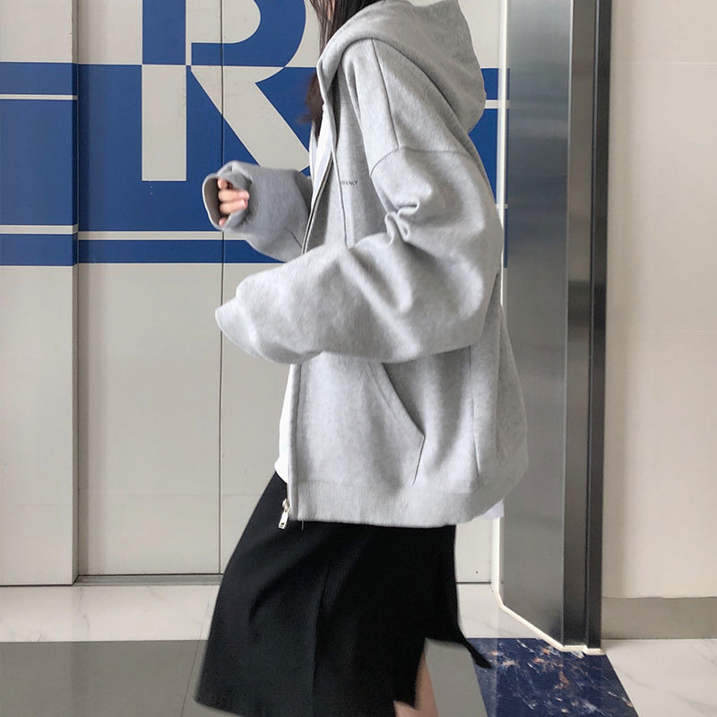 ML Autumn Zipper Hoodies Sweatshirt jacket korean ins style Outwear letter print thicking Winter grey Coat Women (X1552) 210423