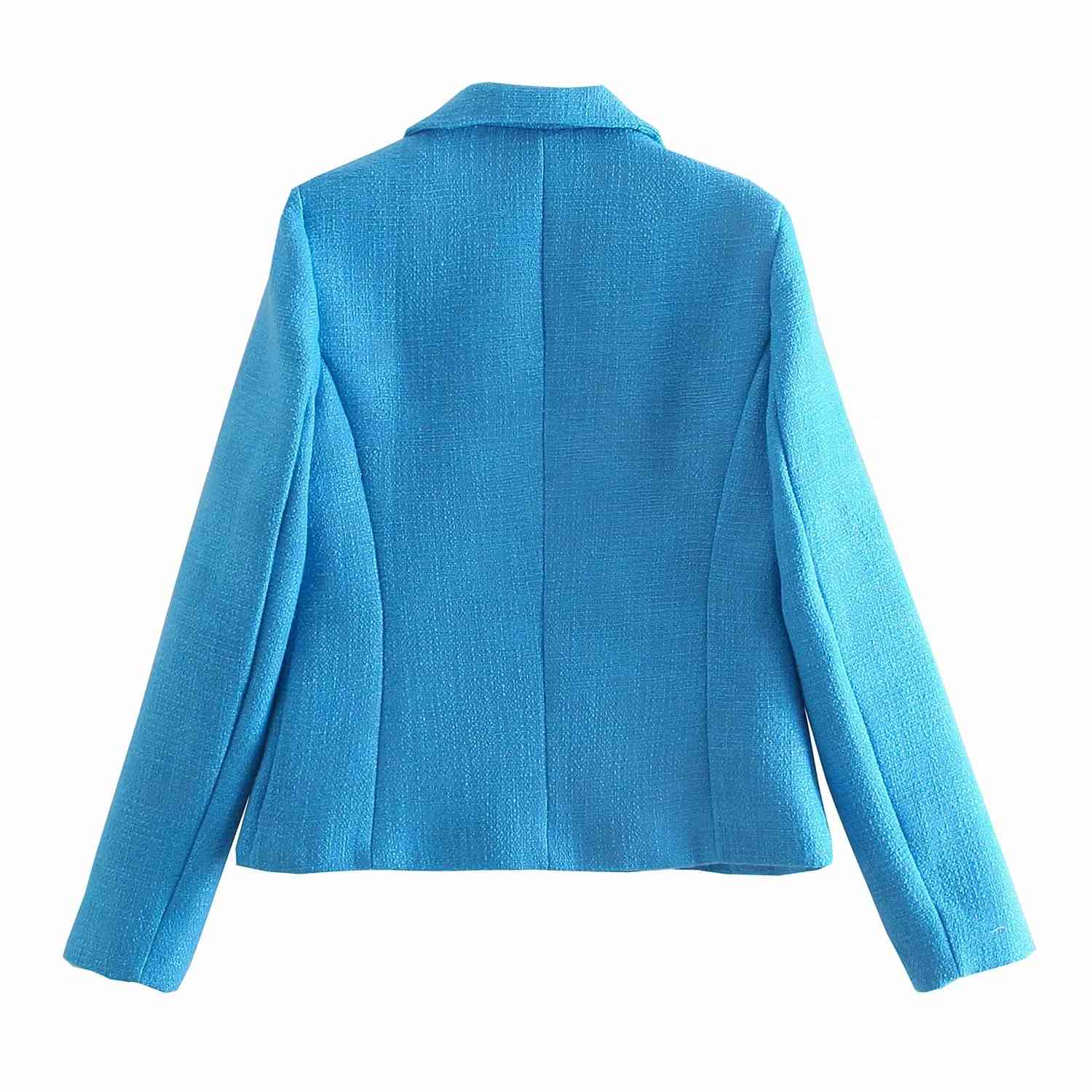 Fashion Women Blue Tweed Blazer Jacket Spring Double Breasted Female Autumn Coat Chic Pockets Office Lady Elegant Top 210521