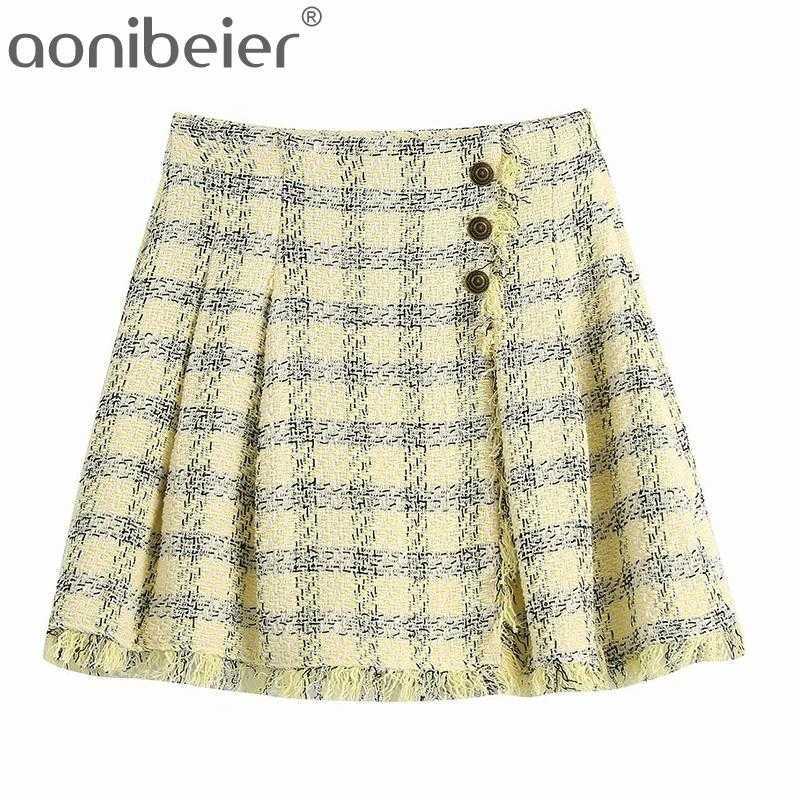 

Summer Fashion Tweed Woolen Women Casual A-Line Skirt Side Zipper Raw Hem Button Front Female High Waist Mini Skirts 210604, Tops