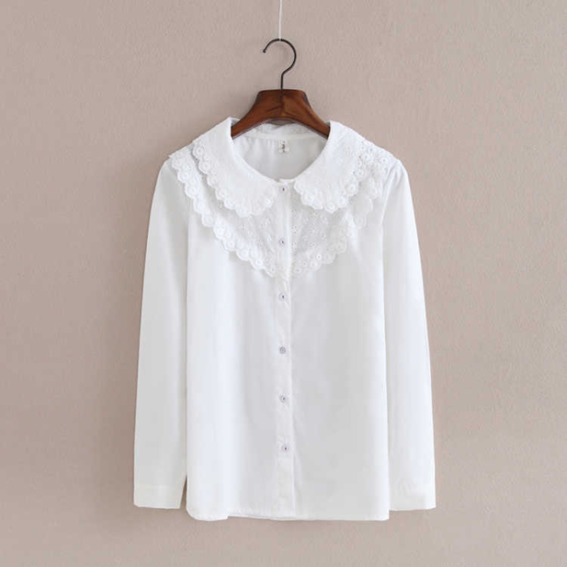 Spring Korea Fashion Women Long Sleeve Embroidery Peter Pan Collar Casual Shirts 100% cotton Mori Girl White Blouse S578 210512