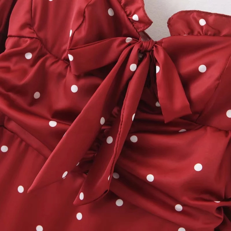 Vintage red polka dot satin dress women puff sleeve mini Sexy elegant chiffon club party es korean vestidos 210521