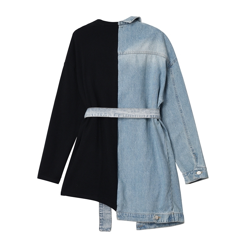 Hit Color Casual Jacket For Women Lapel Long Sleeve Lace Up Patchwork Denim Korean Jackets Female Fashion 210524