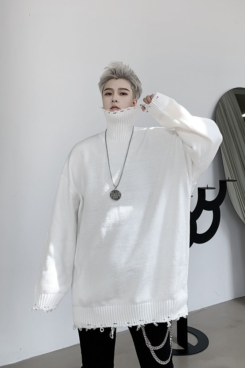 IEFB / men's wear autumn and winter solid color turtleneck hole male's loose pullover sweater bgi size kinted tops 9Y4059 210524