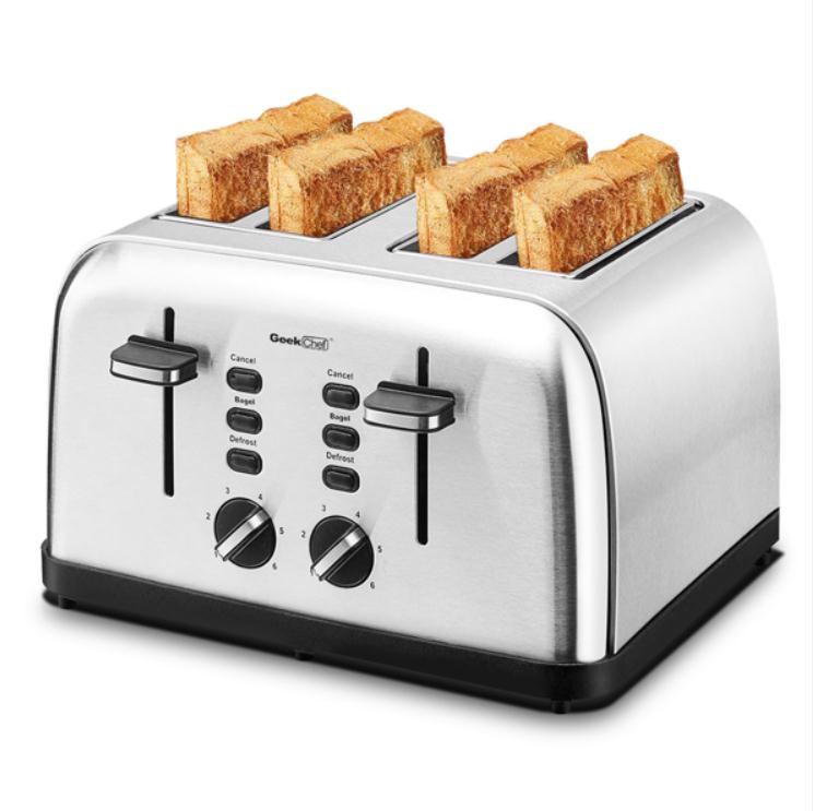 2021 Baking Dishes Pans Toaster 4 Slice Geek Chef Stainless Steel Extra-Wide Slot with Dual Control Panels of Bagel Defrost Cancel Function Removable 