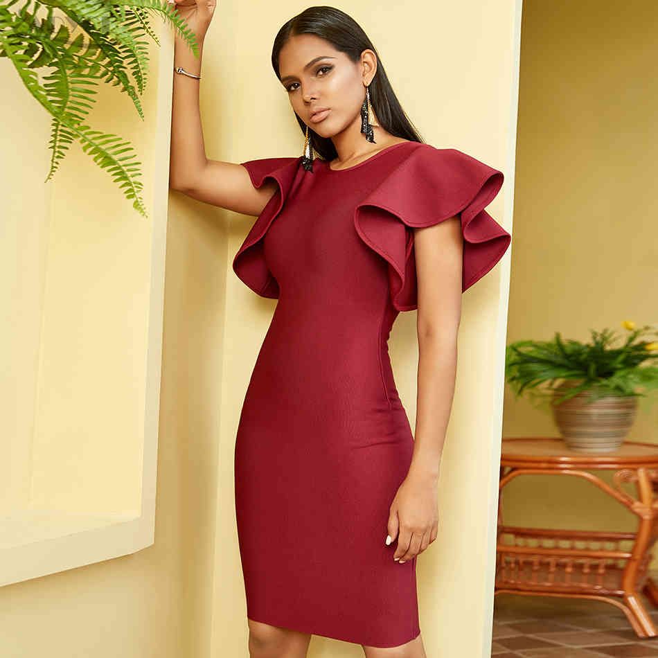 Summer Ruffles Bandage Dress Sexy Backless Short Sleeve Lady Bodycon Club Midi Celebrity Evening Runway Party Dresses 210423