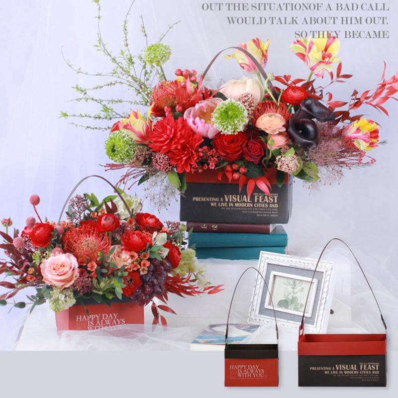 Flower Packaging Box With Handle Arrangement Boxes Waterproof Kraft Paper Bags Basket Gift Wrap
