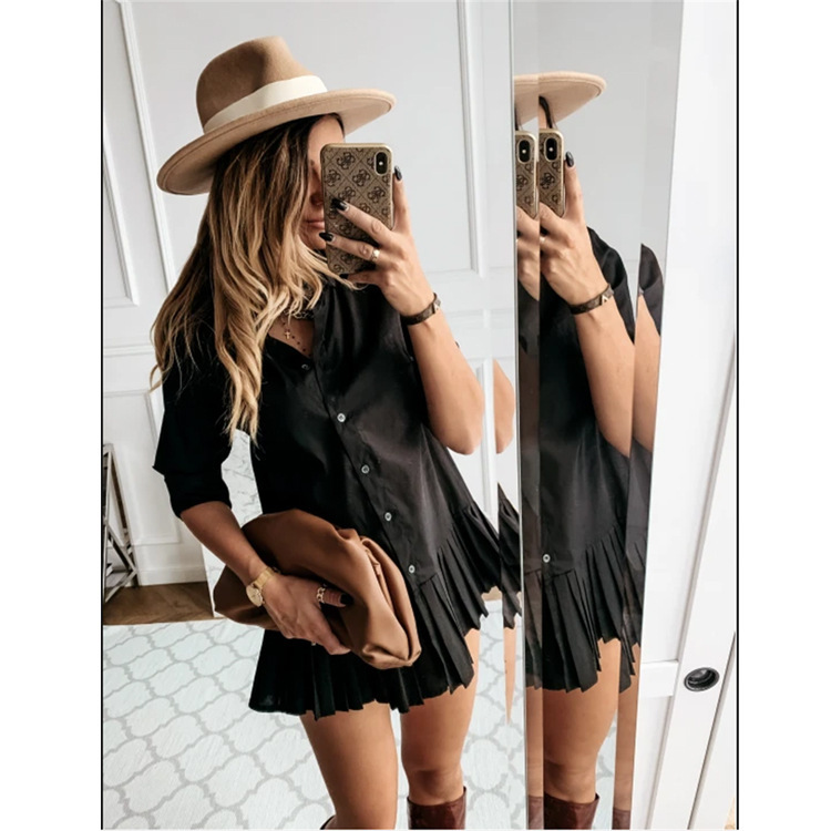 Casual Long Sleeve Shirt Dress Women Elegant Pleated Mini Blose Dresses Plus Size Ladies Clothing S-3XL Ropa 210519