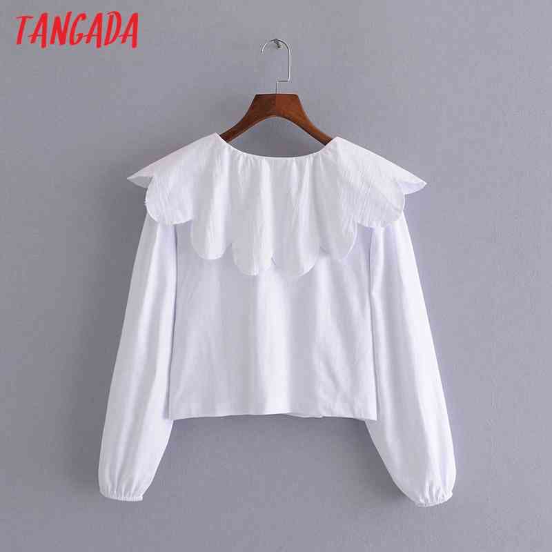 Women Retro White Oversize Collar Long Sleeve Chic Female Short Blouse Shirt Tops 3H86 210416