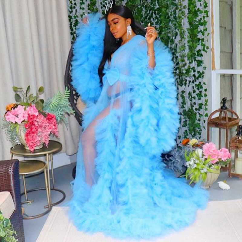 Long Tulle Maternity Robes Sleepwear Sexy Sheer Ruffled Pleated Dresses Women Photo Shoot Custom Made Plus Size Nightdress