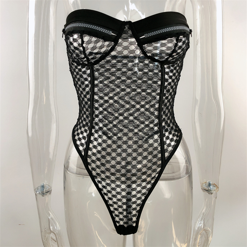 Valentine's Day Sexy Bodysuits Fishnet Hollow Out Strapless Off Shoulder Jumpsuits Women Zipper PU Leather Overalls Slim Exotic Tops