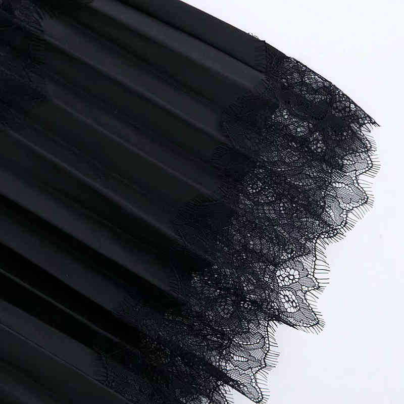 Vintage Lace Patchwork Pu Leather Women Dress Ladies Three Quarter Sleeve Pleated Midi es Fashion Elastic Waist Long 210515