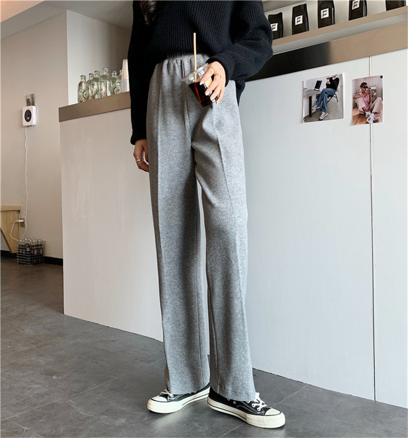 Elegant High Waist Straight Wide Leg Woolen Pants Women Bottom Autumn Winter OL Solid Thick Loose Suit Trousers Femme 210421