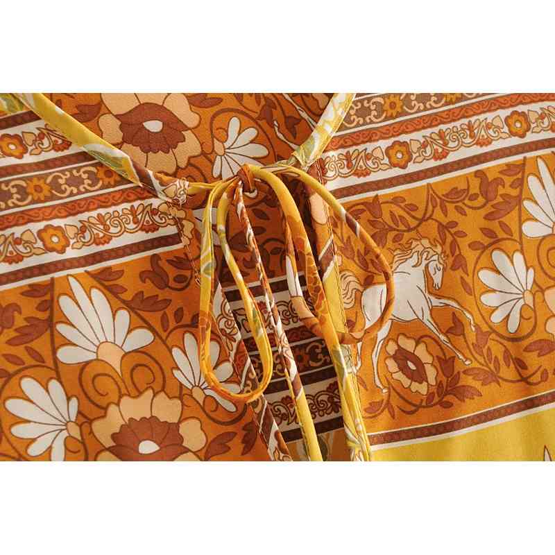 Bohemia Bandage Lacing up Collar Contrast color Flower Print Dress Ethnic Woman Long Sleeve Maxi Holiday Dresses Beach Gold 210429