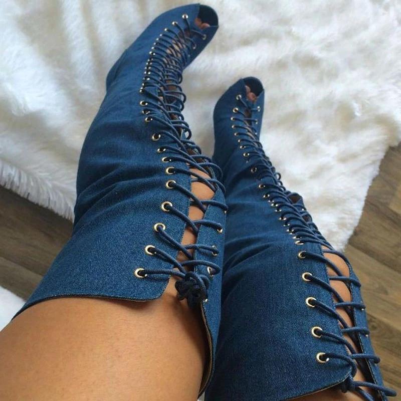 Boots Summer Botas Denim Jeans Peep Toe Thigh High Over Knee Crotch Heel Adjustable Lace Up Cowboy Long Botines Shoes Lady, As picture
Boots Summer Botas Denim Jeans Peep Toe Thigh High Over Knee Crotch Heel Adjustable Lace Up Cowboy Long Botines Shoes Lady, As picture